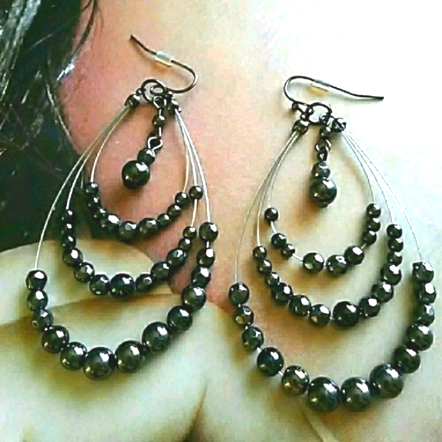 Black Beaded Triple Loop Hoop Pierced Earrings 3